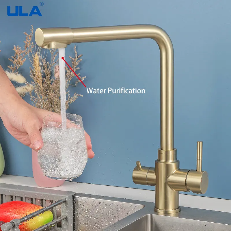 ULA Brushed Gold Kitchen Faucets Stainless Steel 360 Rotate Kitchen Faucet Deck Mount Cold Hot Water Sink Mixer Kitchen Gold Tap