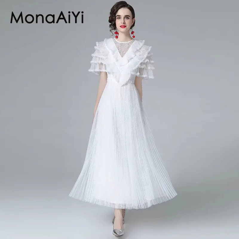 

MonaAiYi Women's Sweet Style Dress Summer Puff Sleeve Lace High Waiste Elegant Romantic Solid Color Dresses