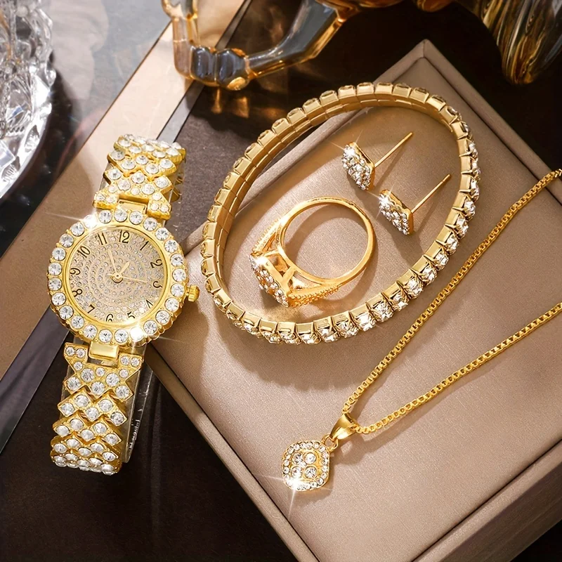 Glittering Luxury Rhinestone Womens Watch Set - Precise Quartz, Timeless Golden Fashion, 6-Piece Analog Wrist Watches & Jewelry