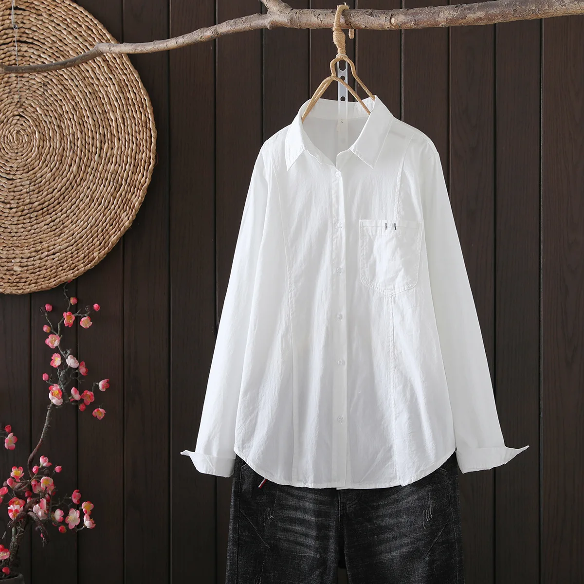 

New 2025 Autumn Cotton Long Sleeve Shirt, Women Turn-down Collar Pocket, Mori Girl OL Casual Loose Mid-Length Blouse T58124CC
