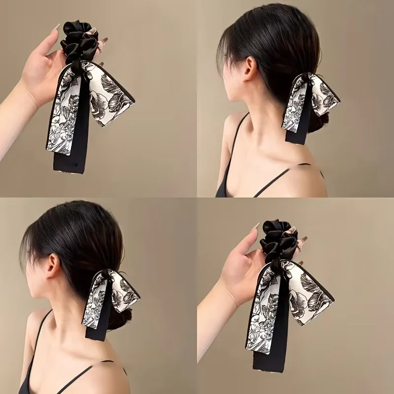 Black Velvet Retro Art Black White Printed Long Ribbon Hairband Bow Shaped Women Curling Elegant Fashion Versatile Decorative