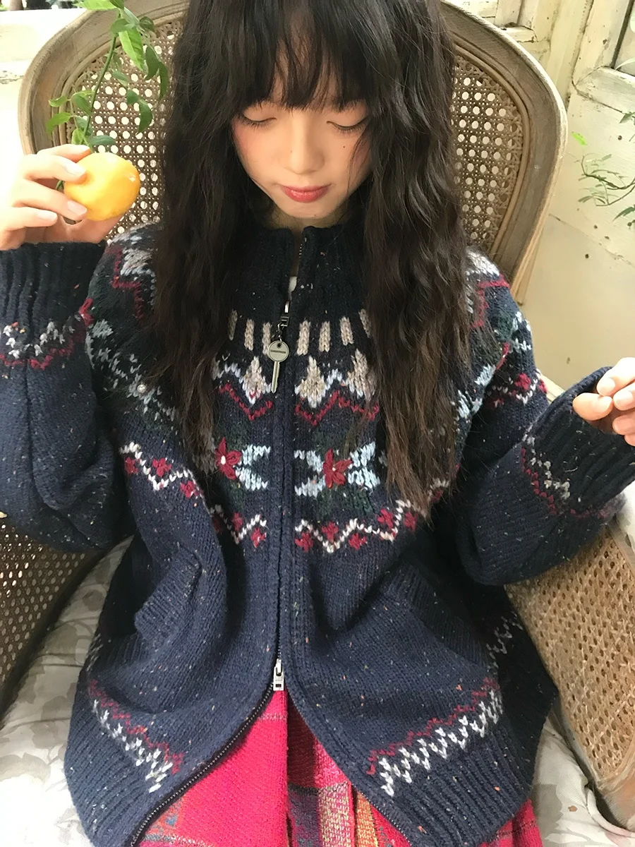 

Thick Handmade Loose Fair Isle Zipper Blue Sweater Coat Winter Warm Commute Style Long Sleeve round Neck Diamond Pattern