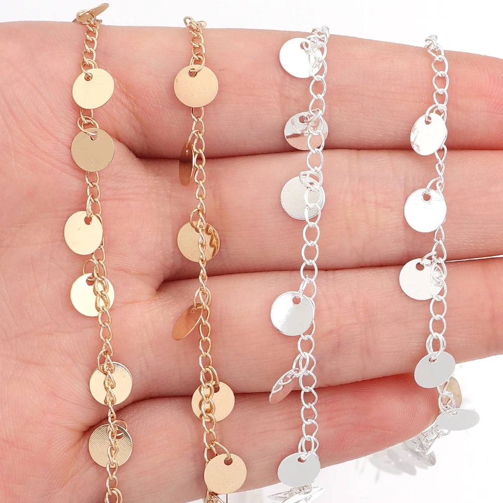 丸いディスクが付いた銅メッキチェーン,丸いディスクが付いた金属製のO字型リンクチェーン,ジュエリー作り用のチャームペンダント,ブレスレットとネックレス,1セットあたり2m