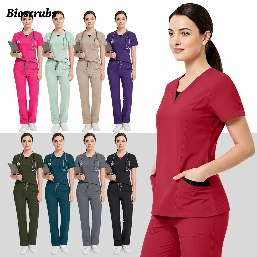 Uniformes Médicos para Enfermeras, Conjunto de Uniformes Quirúrgicos con Cuello en V para Mujer, Ropa de Trabajo para Doctoras, Uniforme de Cirugía Oral y Dental, Top + Pantalones, Nuevo Traje de Belleza