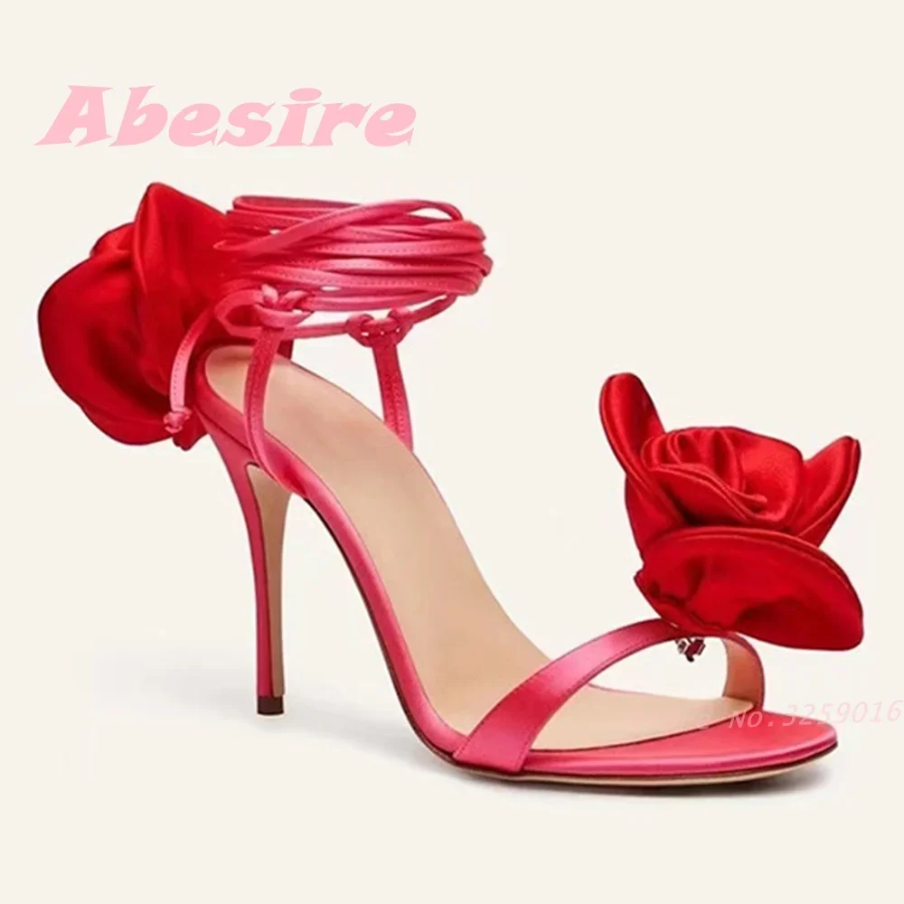 Red Satin Lace Up Sandals Round Toe One Strap Rose Flower Decor Stiletto Heels Women's Sandals Solid Elegant Party Shoes Sexy