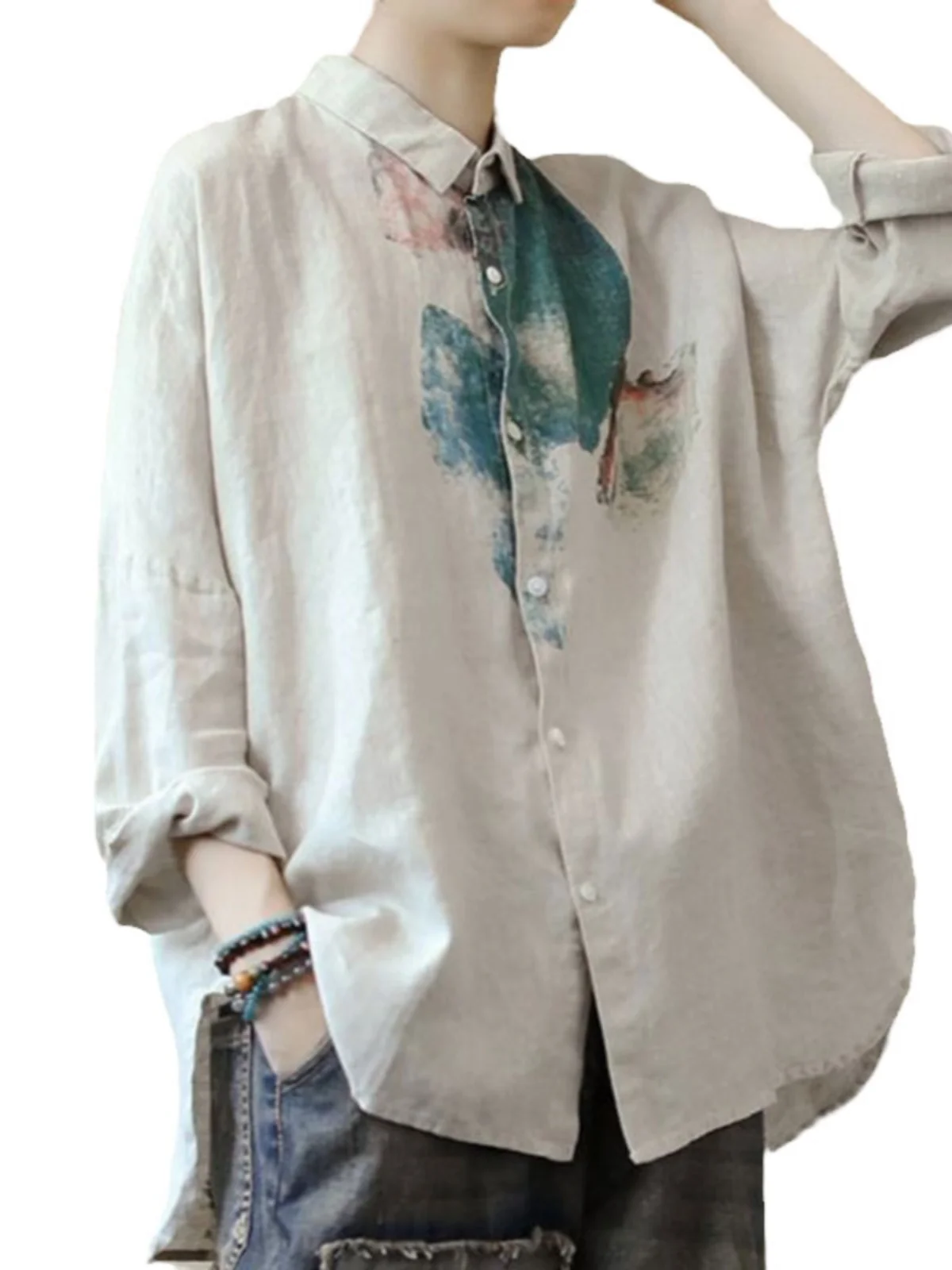 Top con bottoni larghi e vestibilità ampia con colletto casual versatile da donna in cotone e lino con stampa artistica giapponese