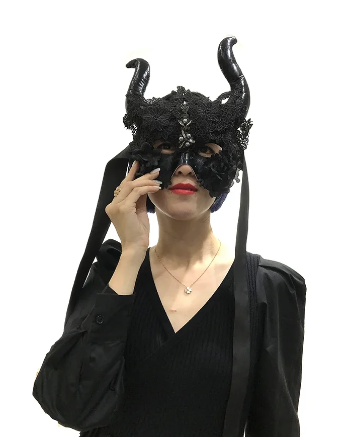 Halloween Party Ball Dance Ox Horn Mask Accessories Witch Cosplay Performance Stage Bar Singer Rhinestones Beads Masks Ornament