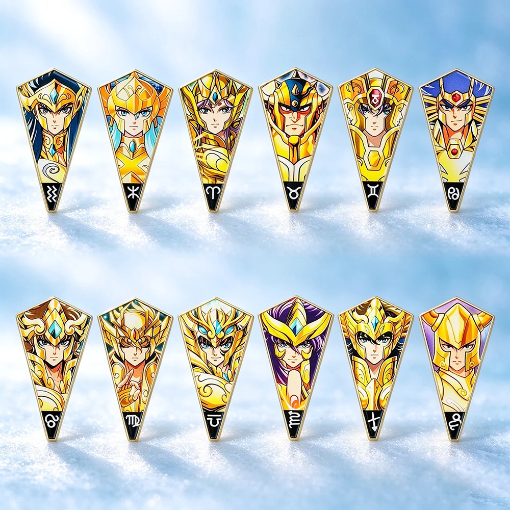 12Pcs Gold Saint Zodiac Brooches Set for Saint Seiya Fans Anime Golden Knight Constellation Character Badges Holiday Friend Gift