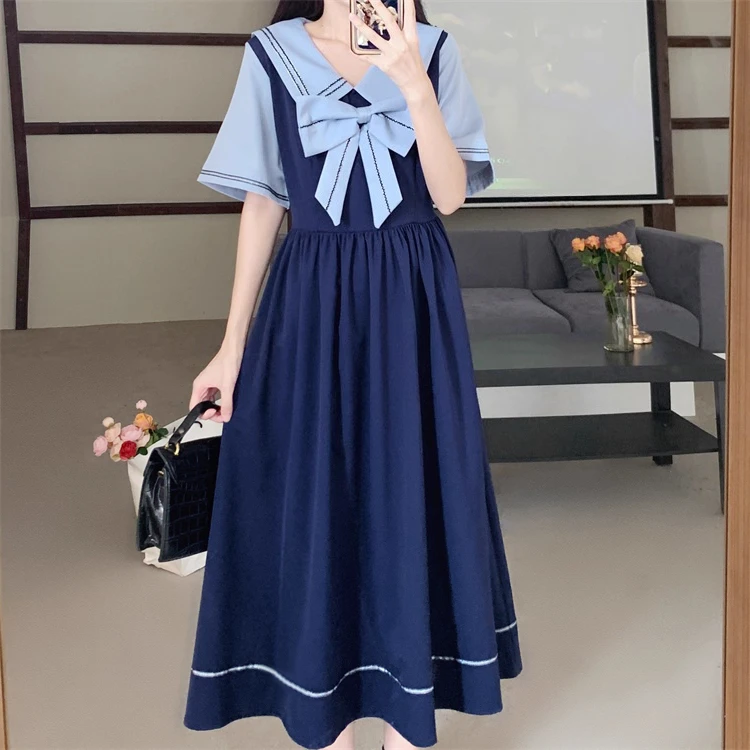 الصيف حجم كبير الحلو القوس البحرية طوق الحد من العمر فستان طويل كلية قصيرة الأكمام الربط وهمية اثنين فساتين اليابانية لطيف #4