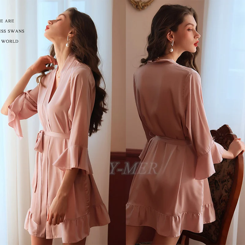 Sexy Flare Sleeve Kimono Gown Women Wedding Robe Silk Rayon Home Dress Elegant Ruffle Sleepwear Cozy Nightgown Intimate Lingerie