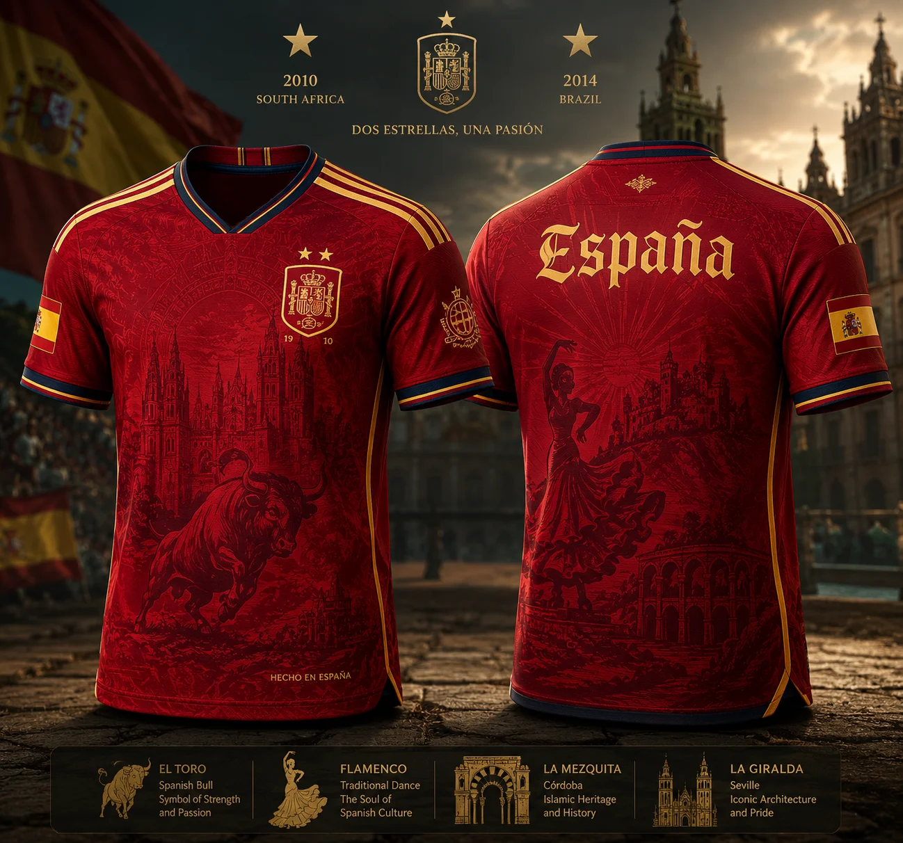 2026 Two‑Star Spain Cultural Football Jersey Polyester Mesh Short Sleeve Tee,Spanish Graphic Casual Sport Family Matching Outfit