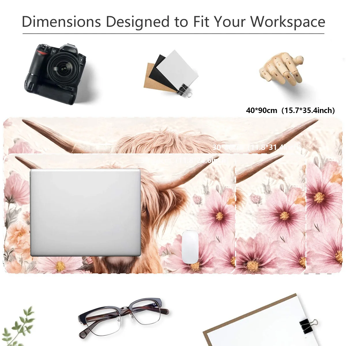 1pc Oversized Keyboard Mat And Mouse Pad Featuring a Fluffy Highland Cow Against a Pink Cosmos Background. The Design Is Printed with High Quality And Comes in