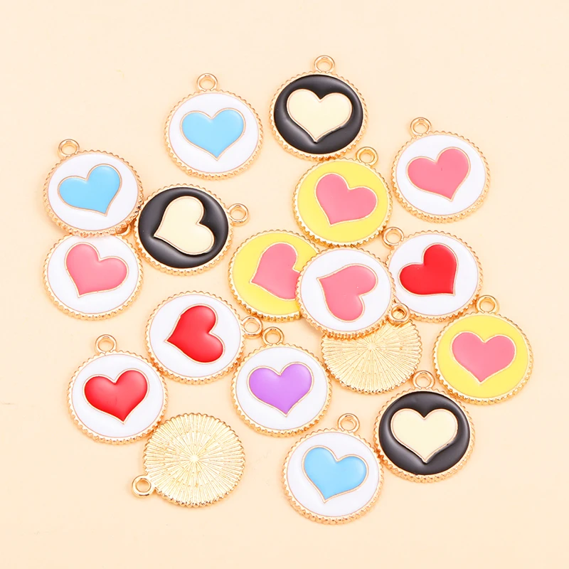 15Pcs Fashion Round Enamel Love Heart Charms Alloy Jewelry DIY Accessories Rubber Band Necklace Earrings Pendants Supplies