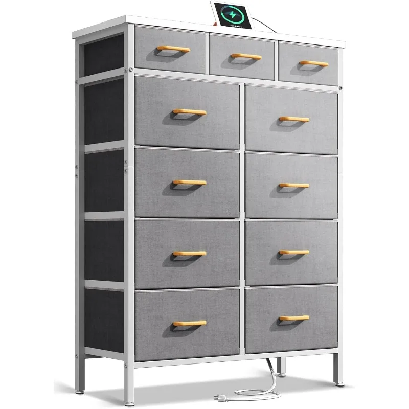 Dresser with Charging Station, 52-Inch Tall Dresser for Bedroom, Large Dresser with 11 Storage Drawers, Fabric Chest of Drawers