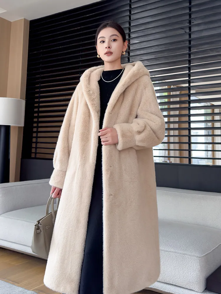 2026 New High-end Imitation Velvet Mink Coat Faux Fur Integrated Jacket Women's Long Hooded Environmentally Friendly Fur