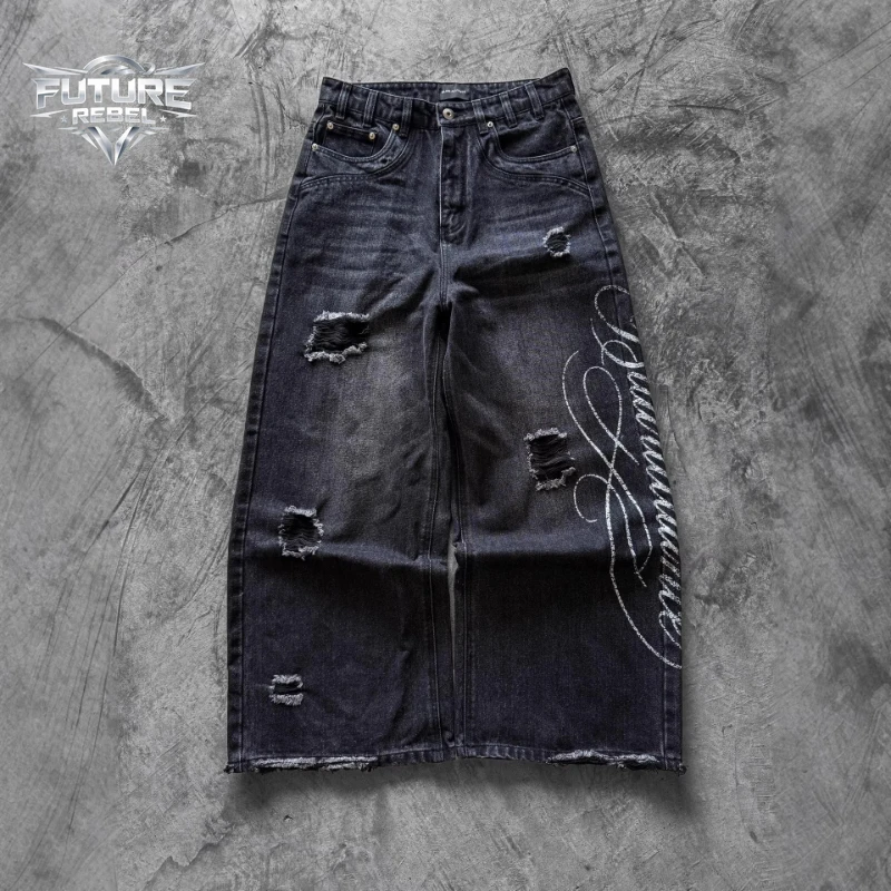 Y2K Harajuku Distressed Ripped Printed Denim Jeans Unisex Baggy Loose Straight Streetwear Casual Vintage Wash Fashion Trousers