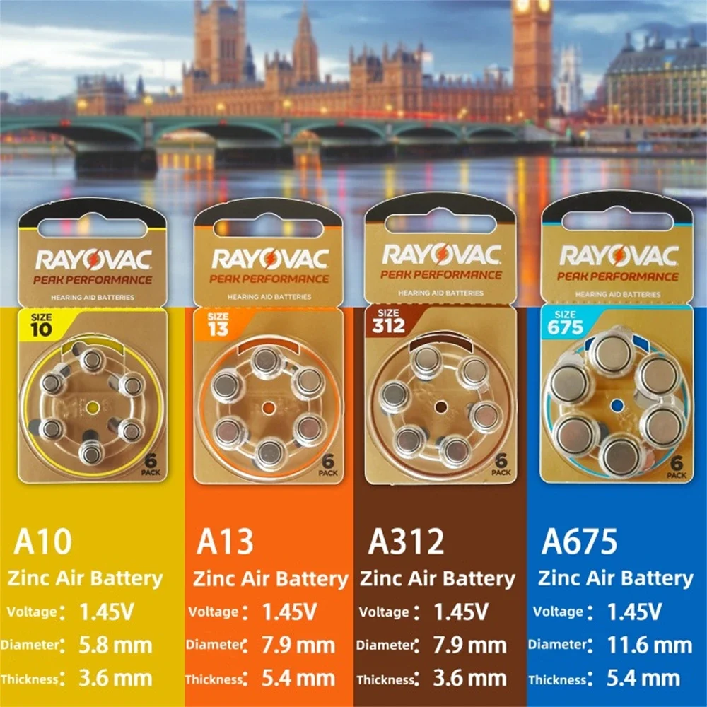 6-60PCS / 1-10 Cards Rayovac PERK 675/A675 Zinc Air Hearing Aid Batteries 1.45V 675A A675 675 PR44 Battery Wholesale Price