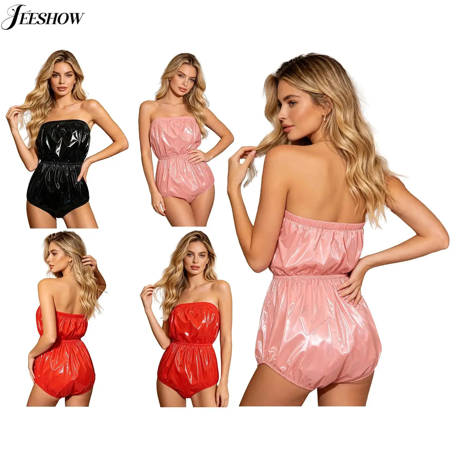 Womens Waterproof Strapless Bodysuit Lingerie Teddy Sleeveless Elastic Waist High Cut Leotard Shiny Glossy Rompers Clubwear