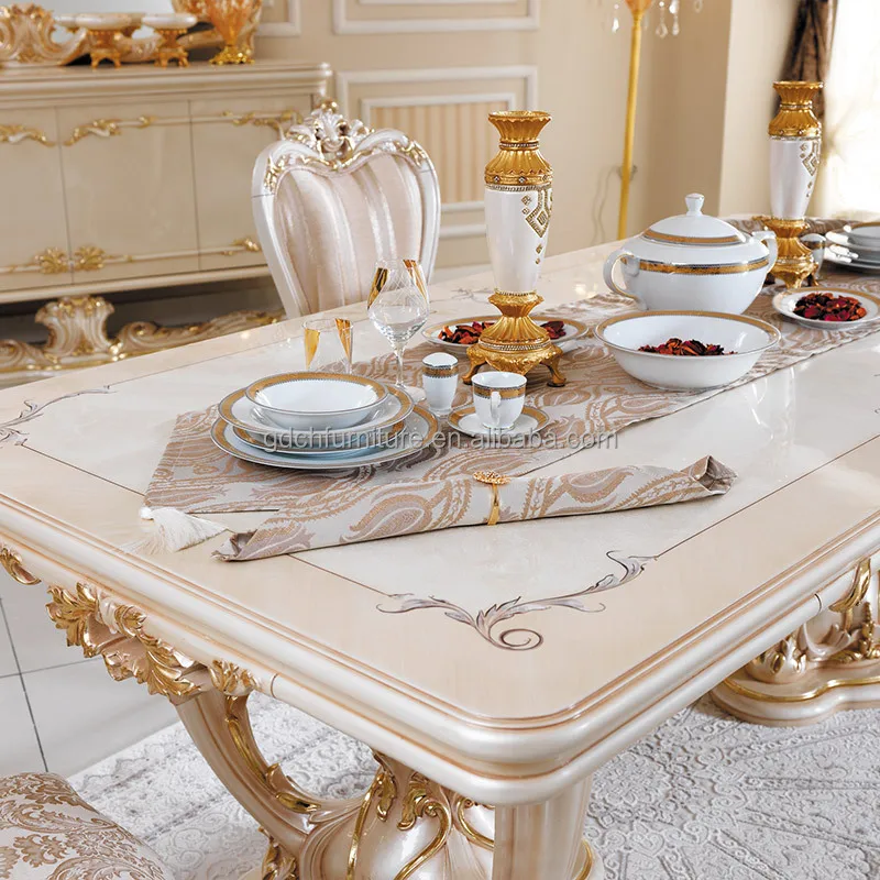 Exquisite Luxury Ivory Gold Dining Set With Ornate Gold Leaf Carvings And Hand-painted Finish For Elegant European Dining Rooms