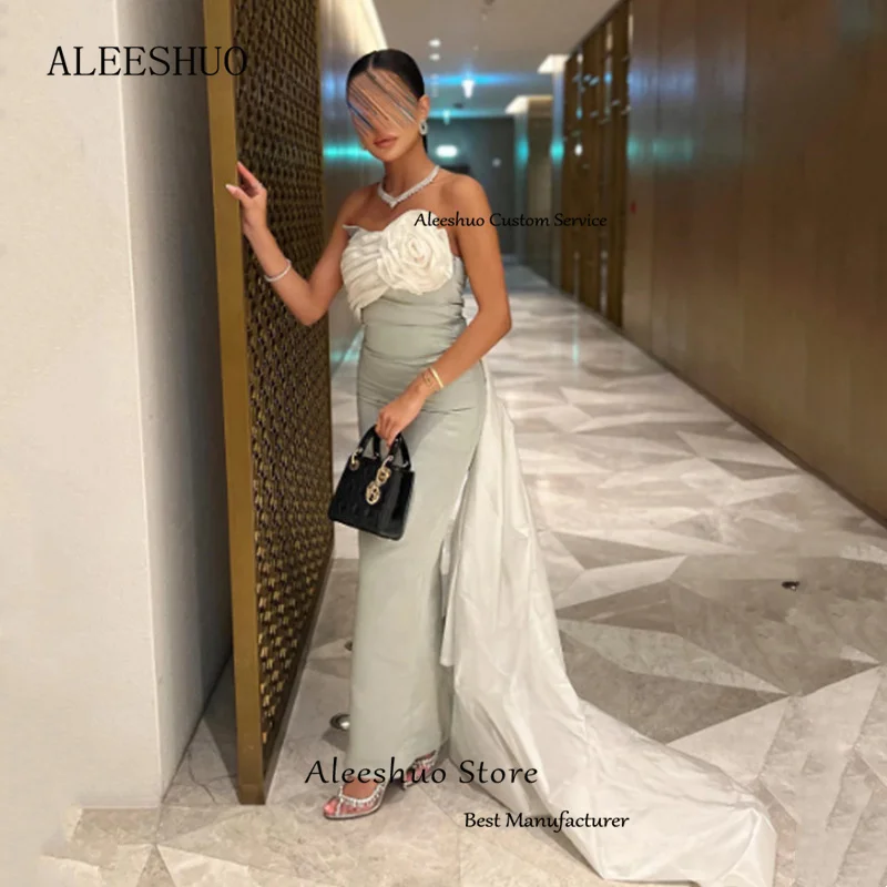 Aleeshuo Exquisite Straight Dubai Arabia Prom Dress Sleeveless Evening Dress Strapless With Flower Pleat Ankle-Length Party Gown