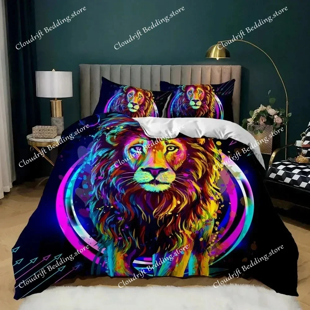 Lion Duvet Cover Set Safari Bedding Set Wildlife Hunting Polyester Double Queen King Size Quilt Cover for Kids Teens 3D Print