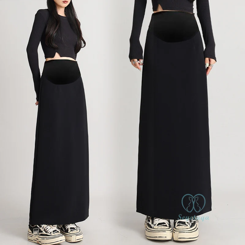 Back Splits Black Maternity Full Maxi Long Skirts 2024 Spring Casual Pencil Bottoms for Pregnant Women Elastic Waist Pregnancy