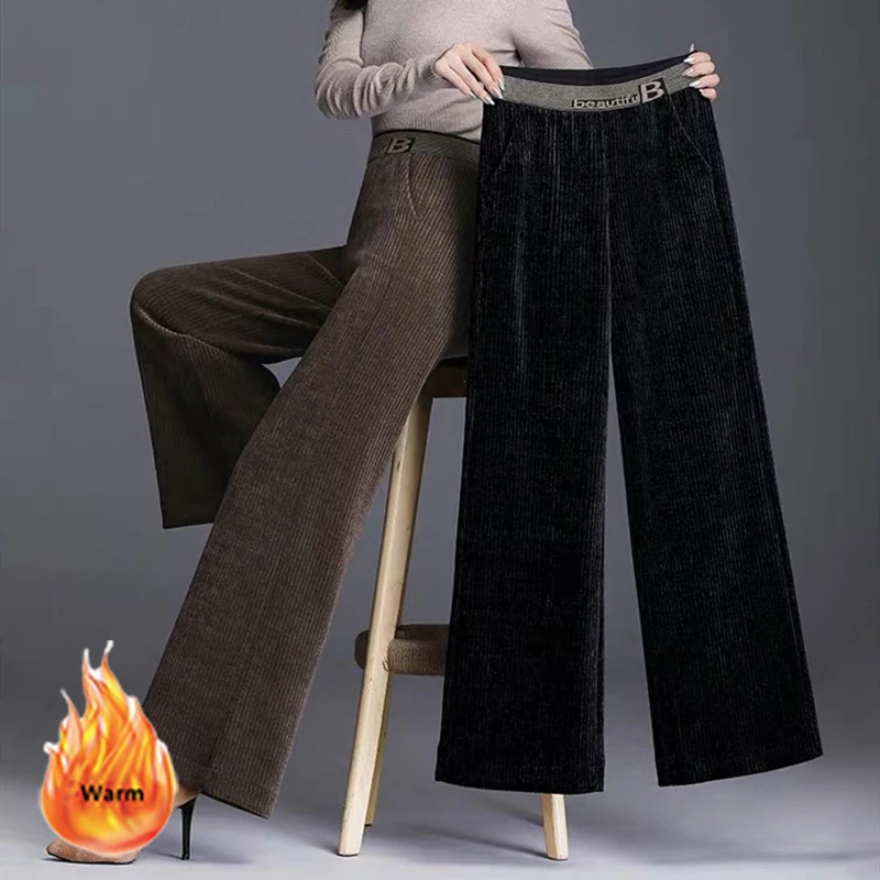 

Korean Vintage Corduroy Wide Leg Pants Women Autumn Winter High Waist Straight Trousers Fleece Lined Oversized Baggy Pantalones