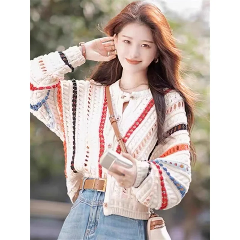 

2025 Autumn Sweet O Neck Knitted Coats New Rainbow Color Cardigan Women Sweater Hollow Crochet Loose Long Sleeve Jacket Clothing