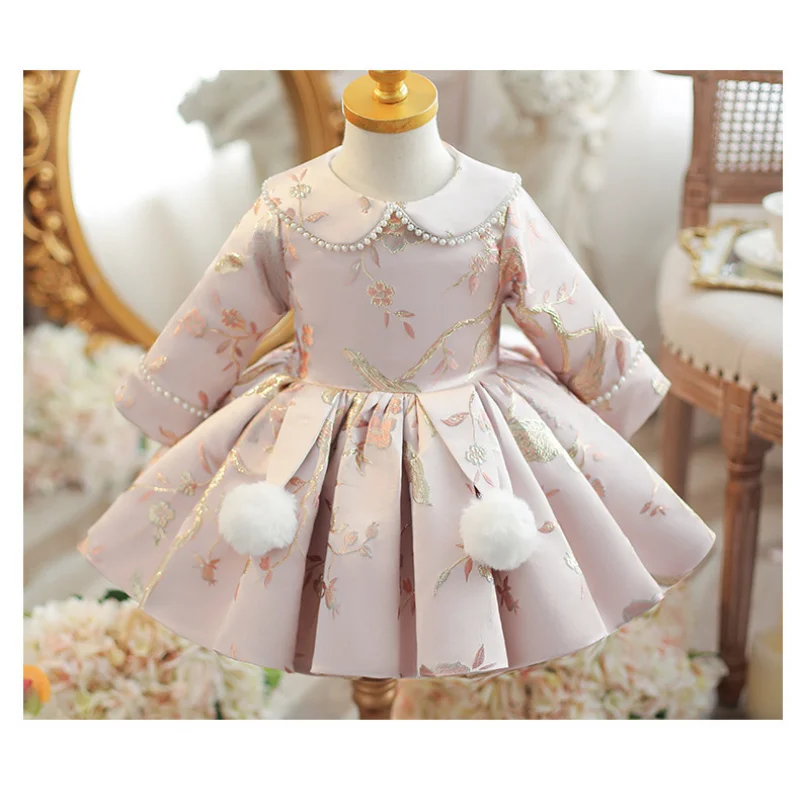 Girls' New Style First Birthday High-End Elegant Pink Flower Girl Piano Performance Embroidered Princess Dress