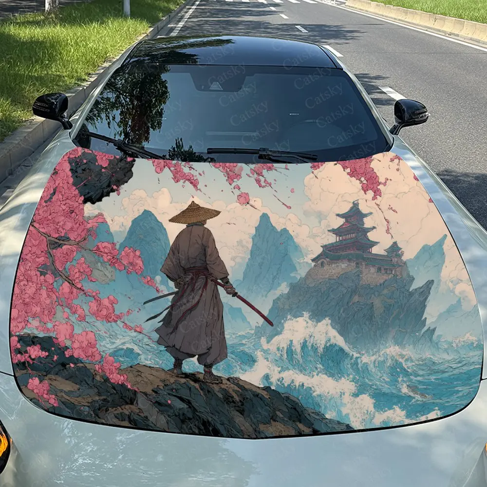Cherry Blossom Sea & Lone Shadow Car Vinyl Wrap, PVC Waterproof Car Hood Sticker, Self-Adhesive Scratch-Resistant Stickers