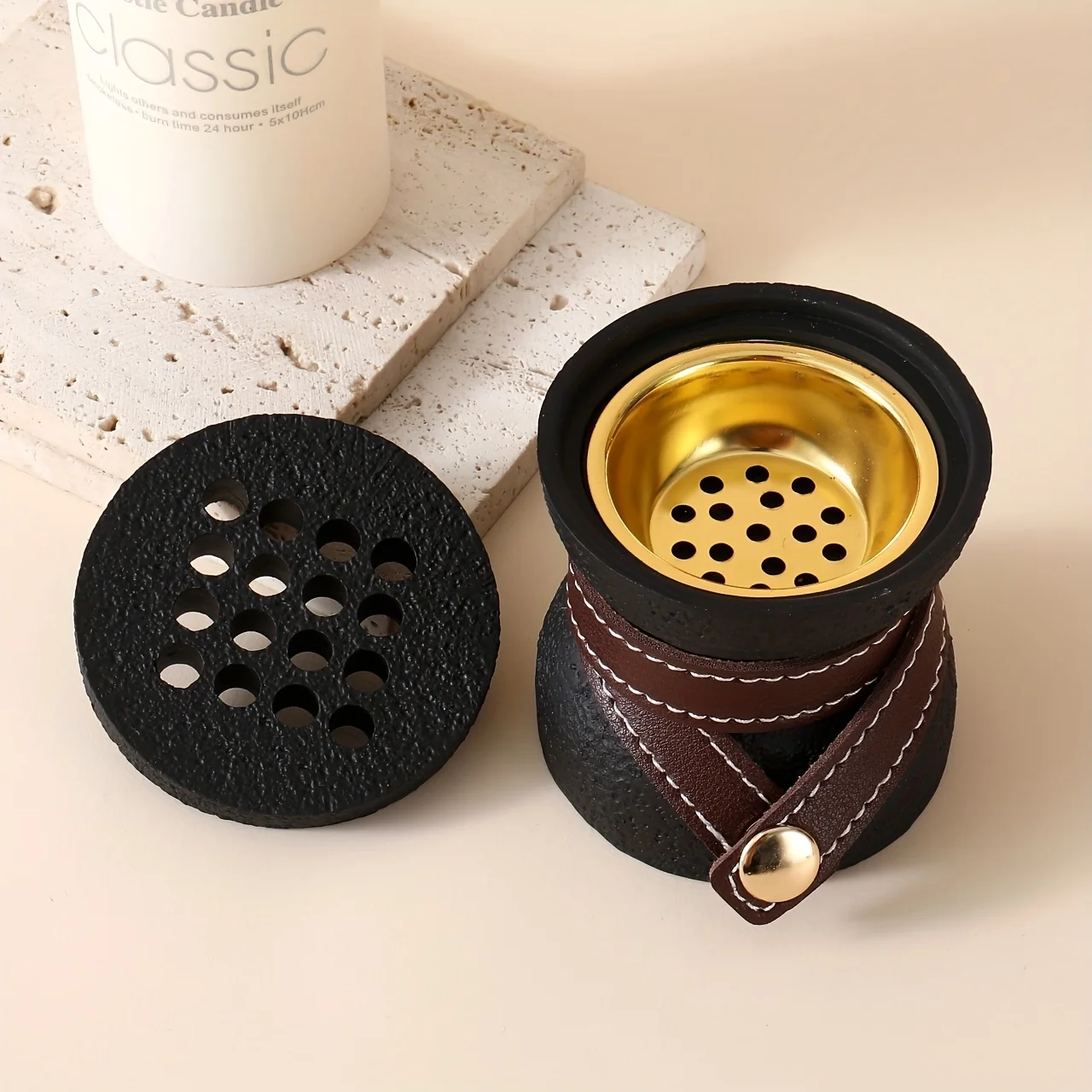 

Arabic Marble Pattern Coal Ball Incense Burner with Handle and Lid Home Decor Ornament