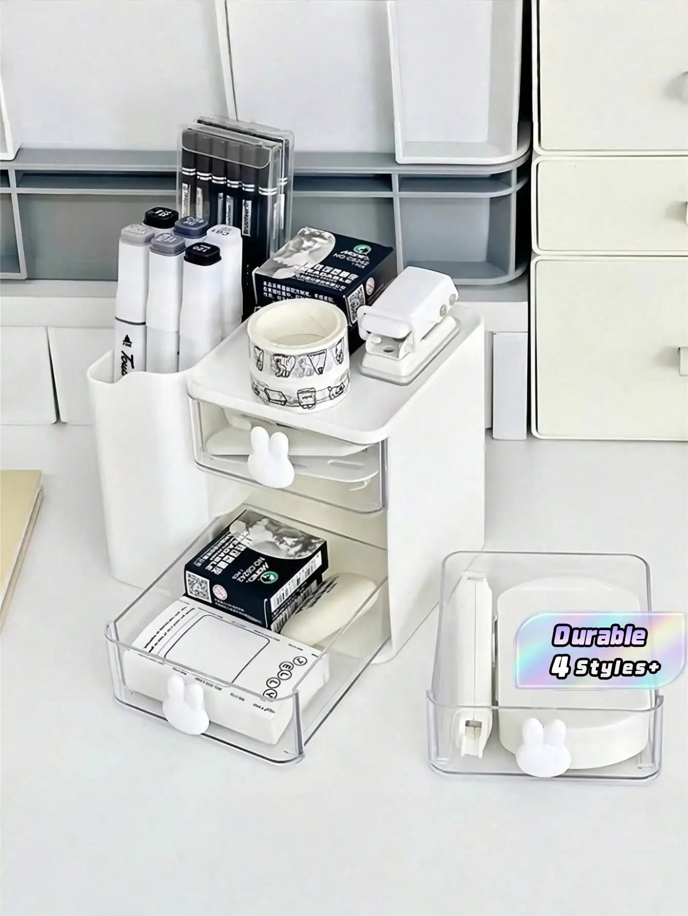 1Pc 3-Layer Drawer Storage Box, With Pen Holder, Multi-Functional Office Stationery Desktop Organizer, Cute Rabbit-Shaped Handle, Suitable For Dining Table Decoration And Office Desk Accessories. SS251223085425023561062