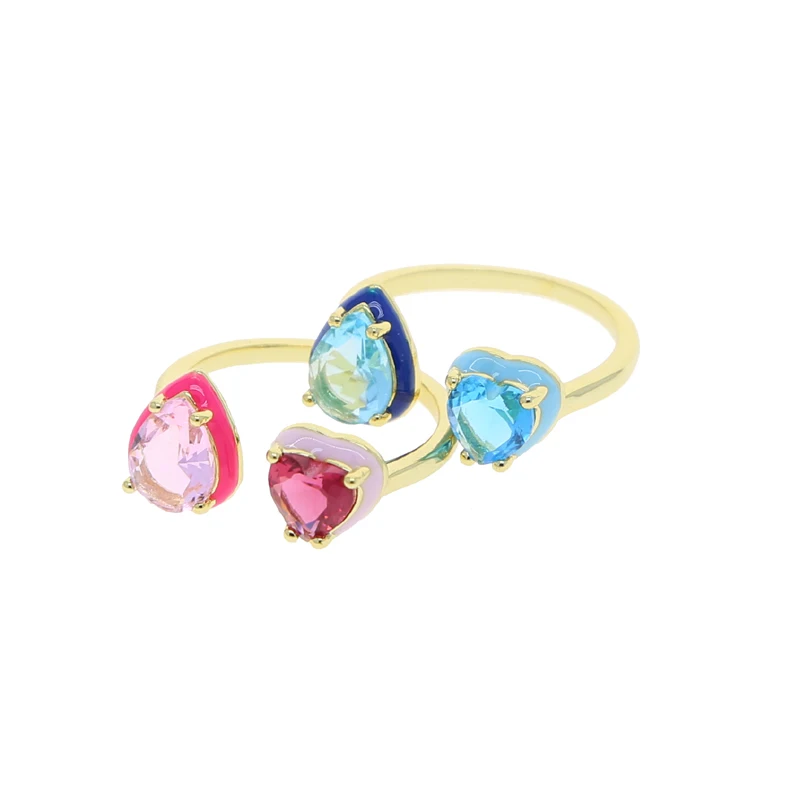 2023 Cute Cubic Zirconia Open Rings Heart Tear Drop Shape with Red Blue Stone Gold Color Fashion Jewelry Enamel Marquise CZ Ring