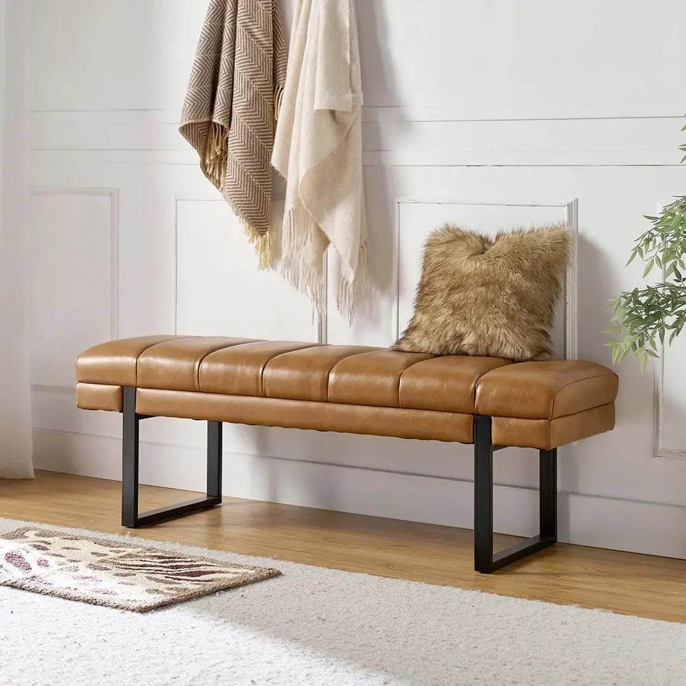 

HOME 53 Faux Leather Entryway Bench, Button Tufted End of Bed Bench Ottoman for Bedroom, Living Room with Metal Base,Camel