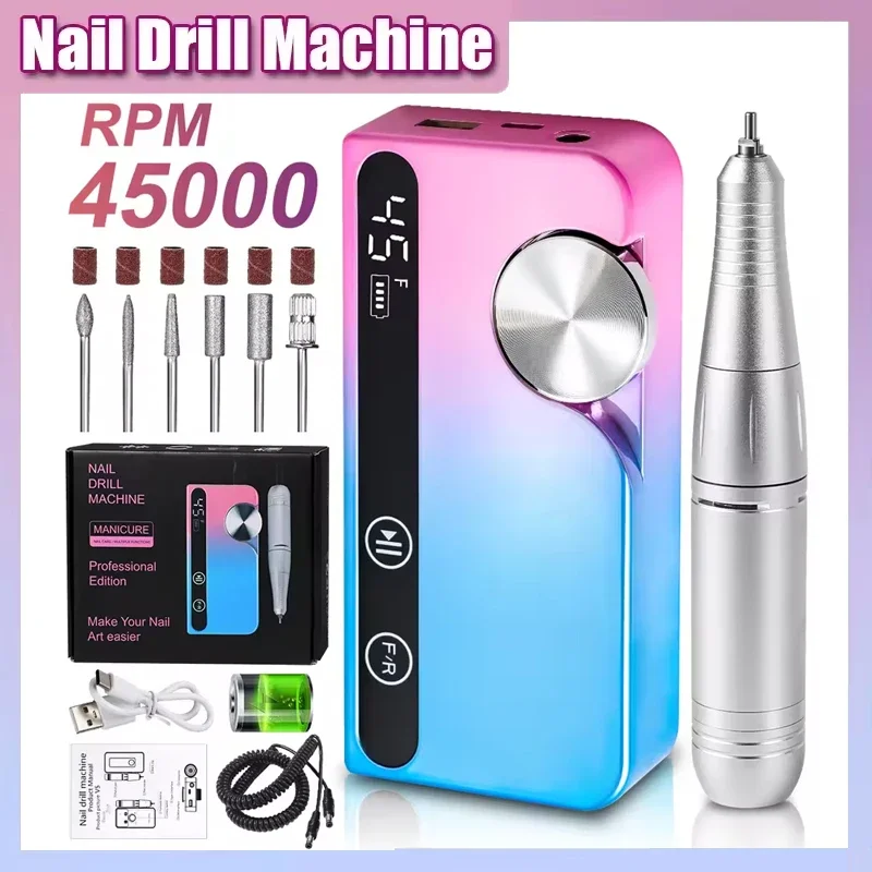 

45000RPM Rechargeable Nail Drill Professional Low Noise Polishing Nail Machine Suitable for Gel Nail Polish Polishing Tool