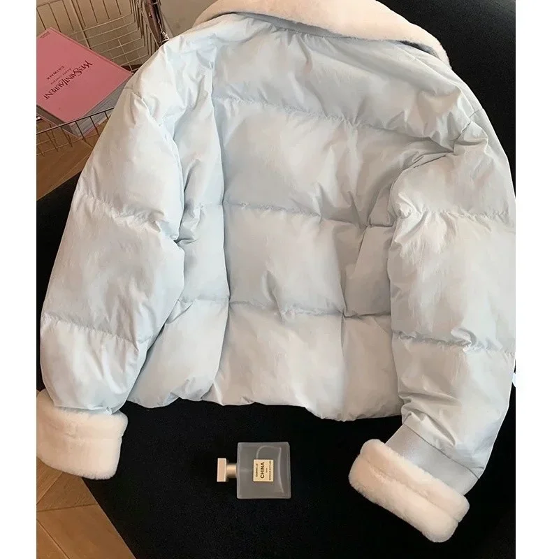 

Fashion New Lamb Splicing Blue Down Cotton Jacket for Women Winter Short Cotton Coat Parkas Windproof and Warm College Overcoat