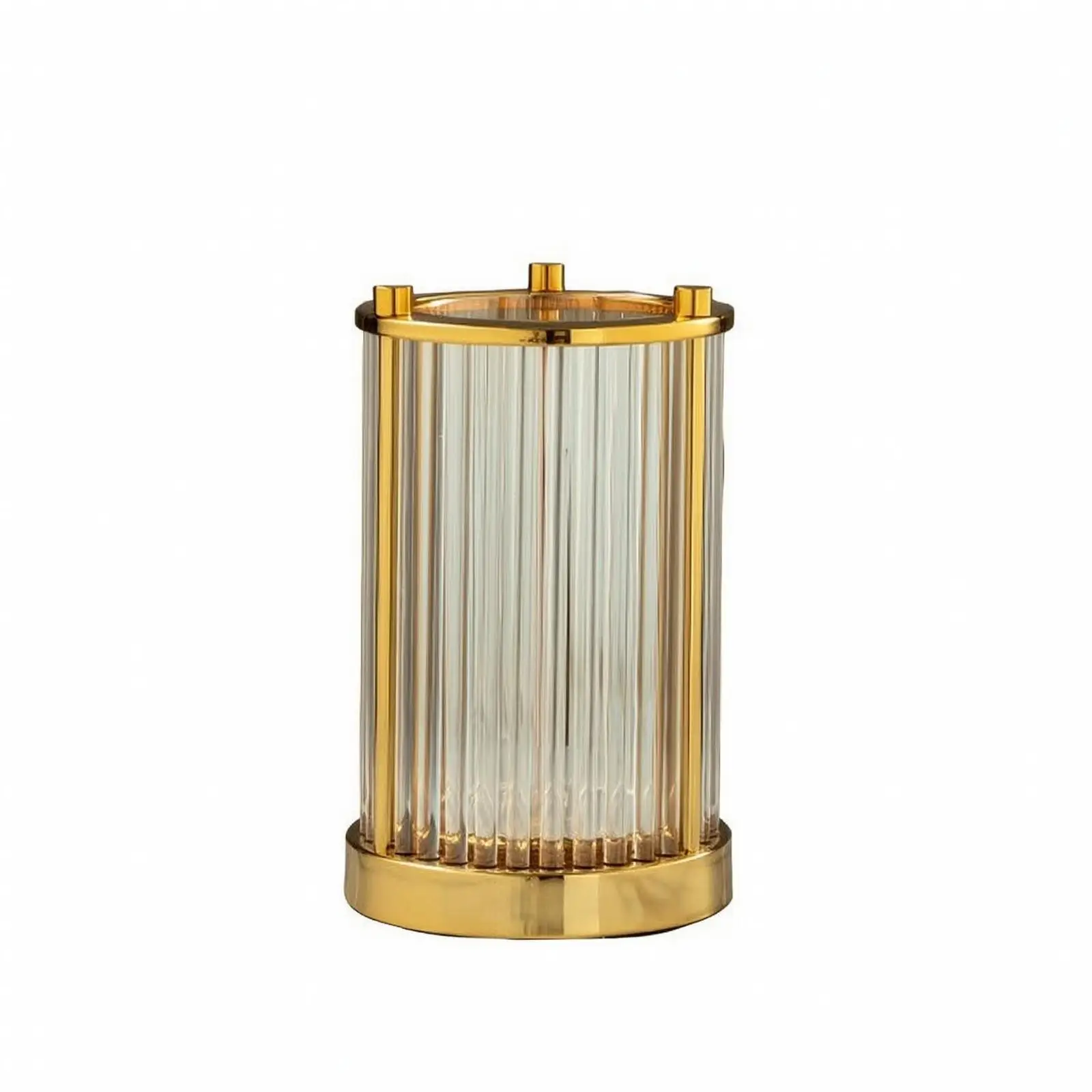 Ribbed Vase with Metal Frame Decorative Fluted Vase with Gold Base Vessel Transparent Decor Electroplated for Decorators