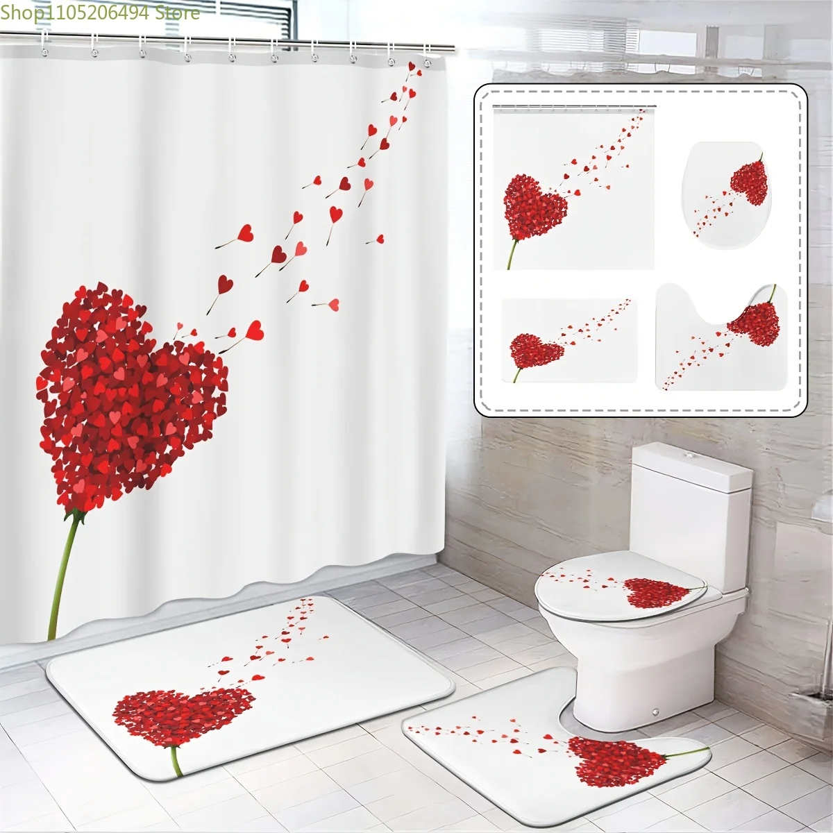 

Valentine'S Day Shower Curtain Set, Love, Gnome, Rose, 1pc/3pcs/4pcs, Shower Curtain with 12 Hooks, Non-Slip Bathroom Mat, U-S