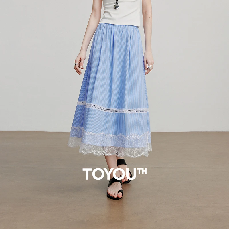 TOYOUTH Women Skirt 2025 Summer New Summer New Light Blue Striped Patchwork Lace A Line Minimalist Umbrella Skirt 8520094