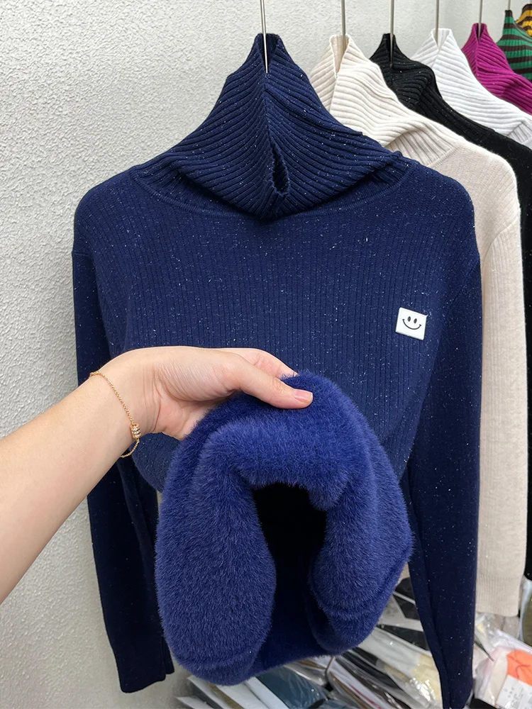 Turtleneck Fleece-Lined Thick Sweater Women Autumn Winter Knitted Bottoming Shirt Simple Fashion Pure Color Warm Sweaters Top