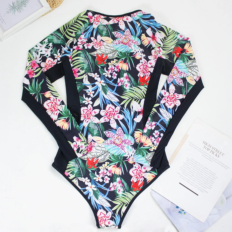 Print Floral One Piece Swimsuit Women Swimwear Monokini Long Sleeve Printed Female Bathing Suit Surfing Bodysuit Swim Wear Beach
