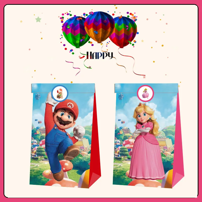 12pcs Super Mario Bros Candy Bag Anime Children Birthday Party Gift Bag Kraft Paper Bags Cartoon Party Wedding Favor Cookie Bag