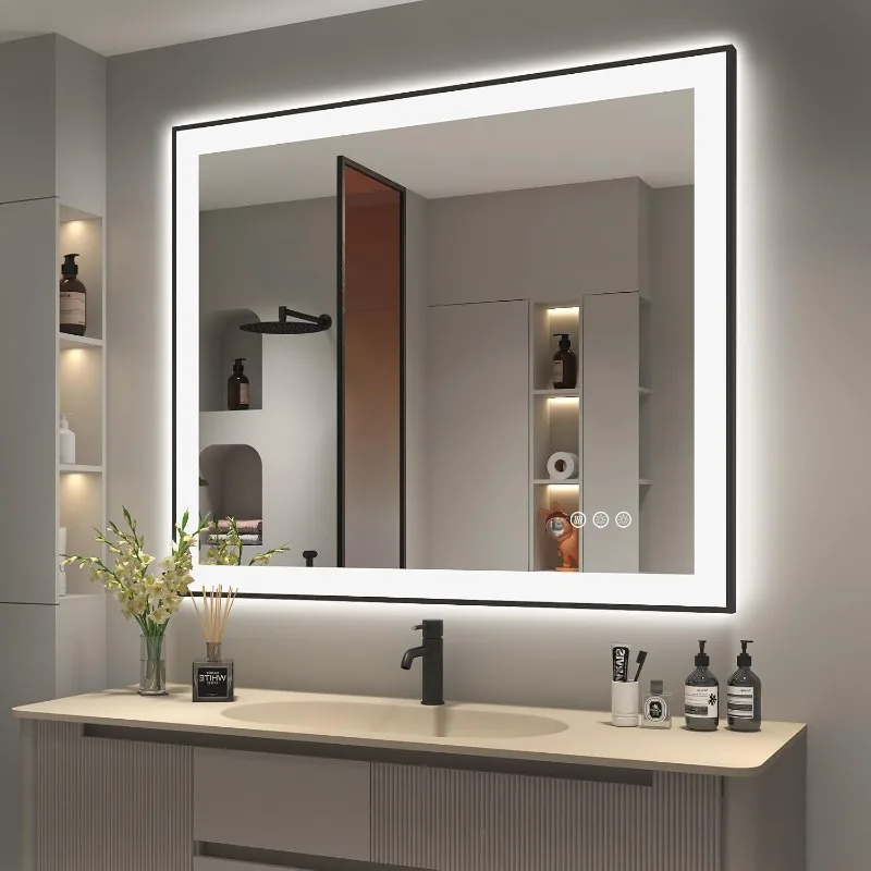 

Vanity Mirror with Lights, Matte Black Framed LED Lighted Bathroom Mirrors for Wall, Front and Backlit, Dimmable,Anti-Fog,Memory