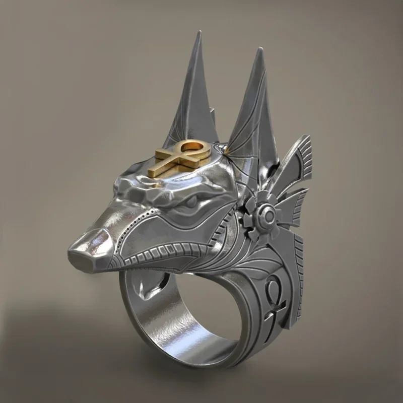 Vintage Egyptian Cross Anubis God Rings for Unisex Punk Style Wolf Head Finger Rings Fashion Jewelry Party Decoration