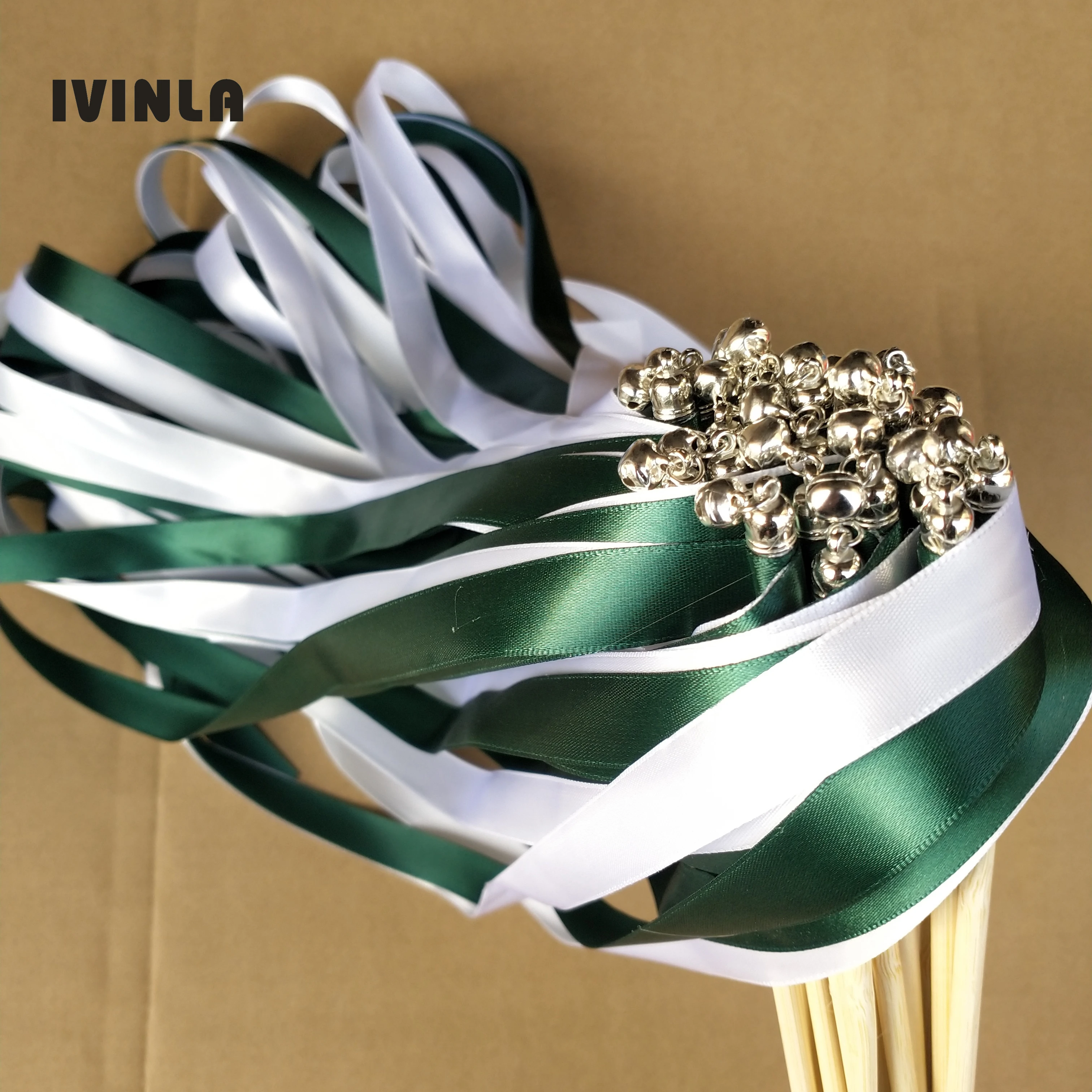 Hot selling 50/20/10pcs/lot  green & white wedding ribbon wands with sliver bell