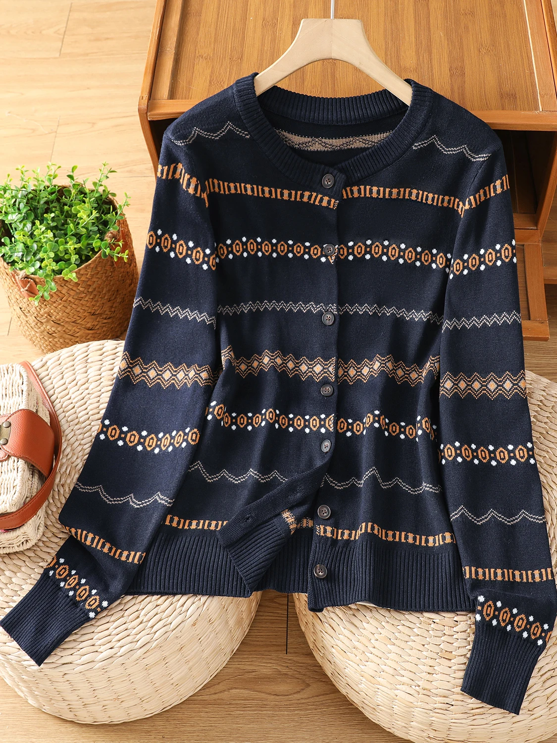 

Large Size Women's round Ne Knitted Open Cardigan Striped Color Blo Versatile Knitwear Casual Loose Fit Long Sve