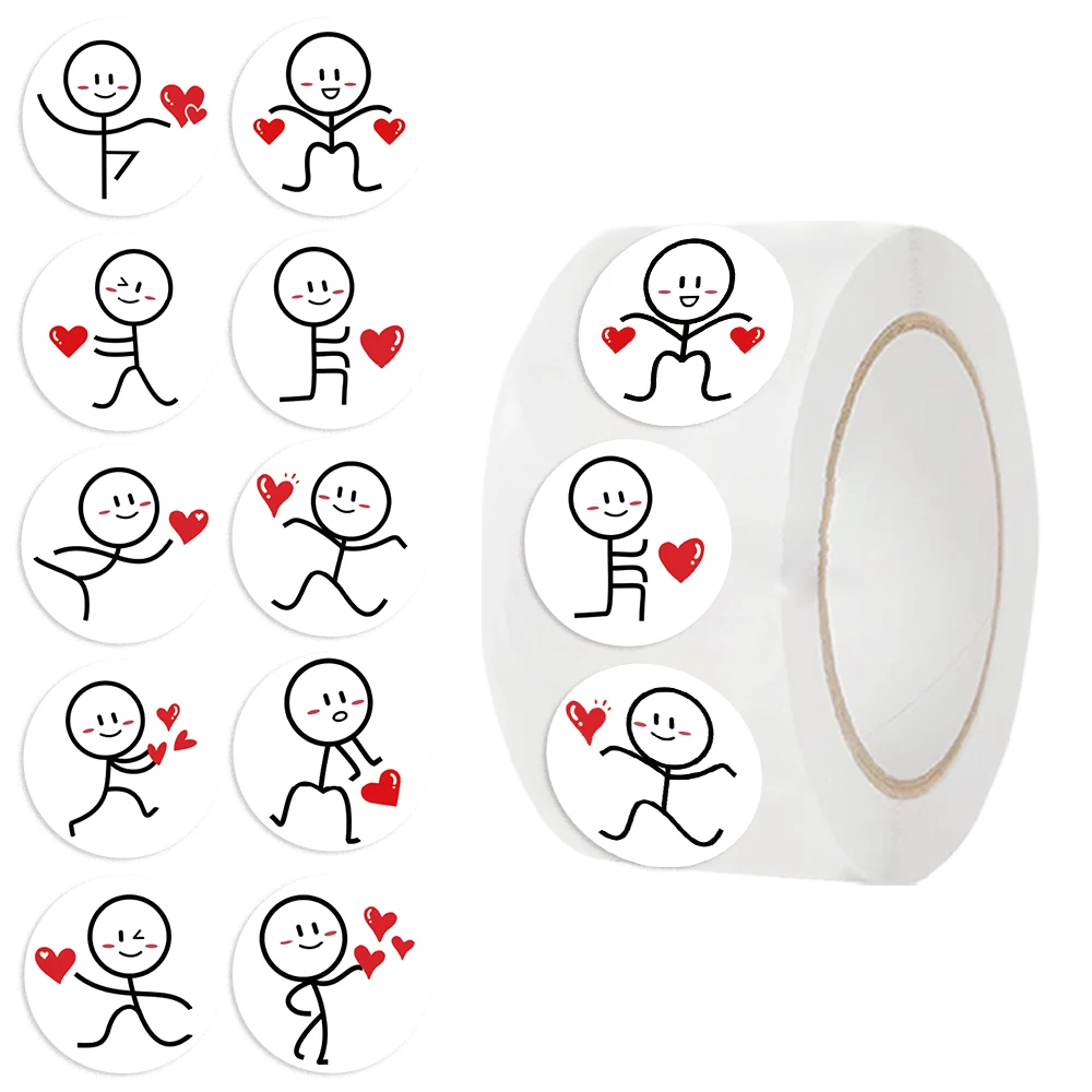 500Pcs/roll Cartoon Cute Stickman Heart Sealing Sticker DIY PVC Laptop Decals Decoration Stiker Reward Gift Toys