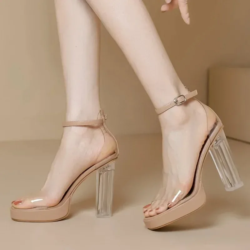 

Сандалии женские из искусственной кожи, прозрачные туфли-лодочки на высоком устойчивом каблуке 11 см, на молнии, летняя обувь
