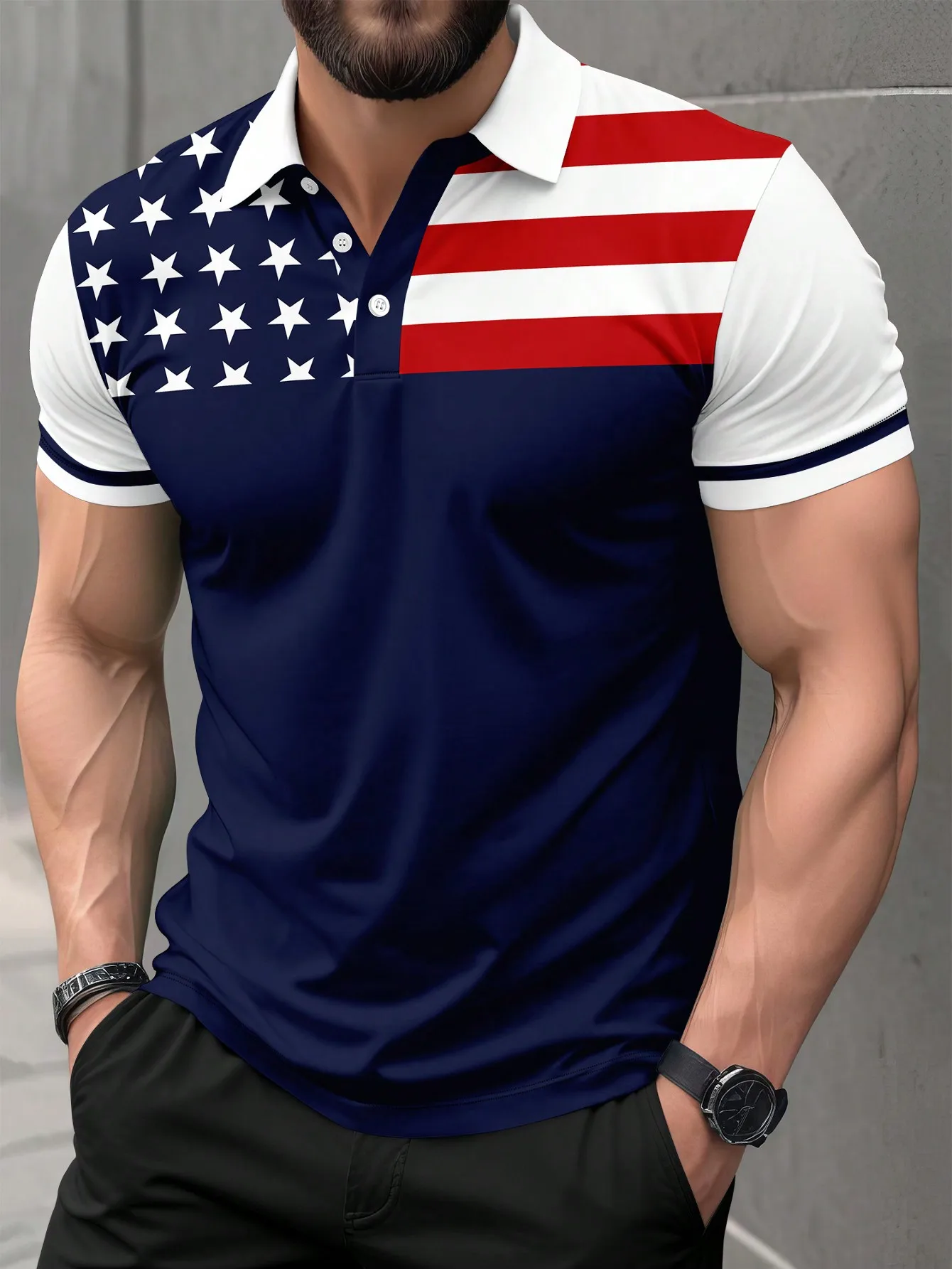 

Men's Patriotic Flag Print Short Sleeve Polo Shirt - Navy Red White