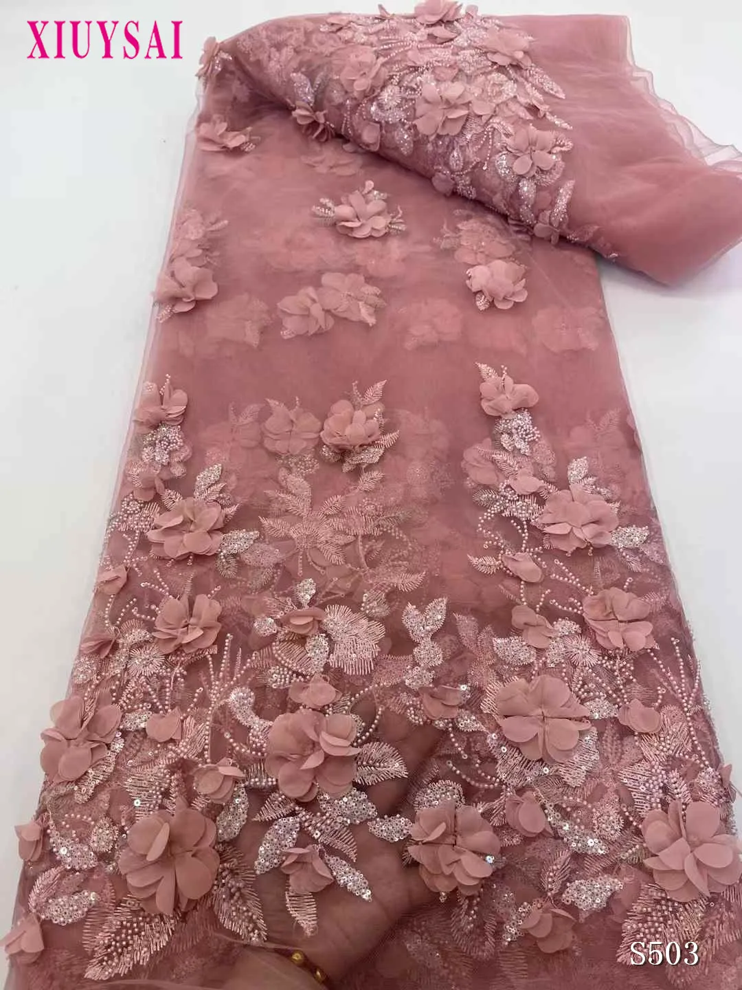 

Pink African Lace Fabric 2025 High Quality French 3D Flower Sequins Embroidery Beads Tulle Lace Fabric for Party Dress
